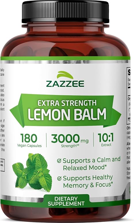 Zazzee Organic Lemon Balm 10:1 Extract, 3000 mg Strength per Capsule, 180 Vegan Capsules, 6 Month Supply, Standardized and Concentrated 10X Extract, 100% Vegetarian, All-Natural and Non-GMO