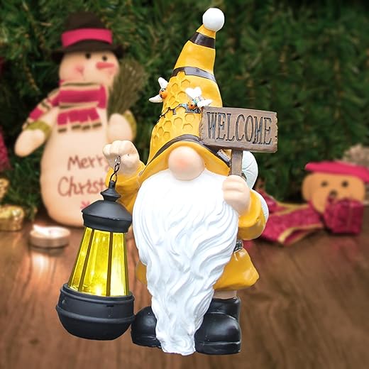 RIREKIS Gnomes Decorations for Yard, Solar Garden Gnomes Figurine with Lantern Light, Dwarf Sculpture Gnomes Decor for Outside Patio Home Outdoor, Garden Statue Gifts for Christmas Women(Bee)