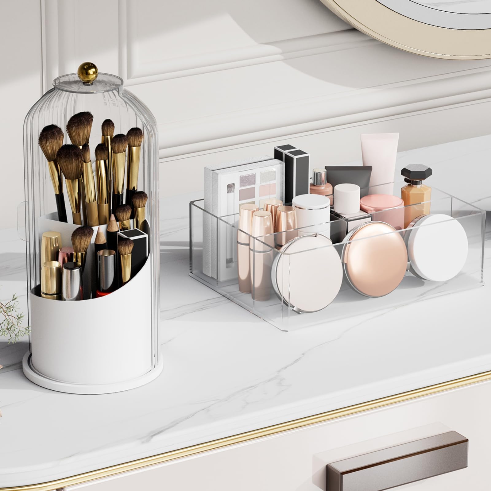 DOCMON Makeup Brush Holder with Lid, 360 Rotating Make up