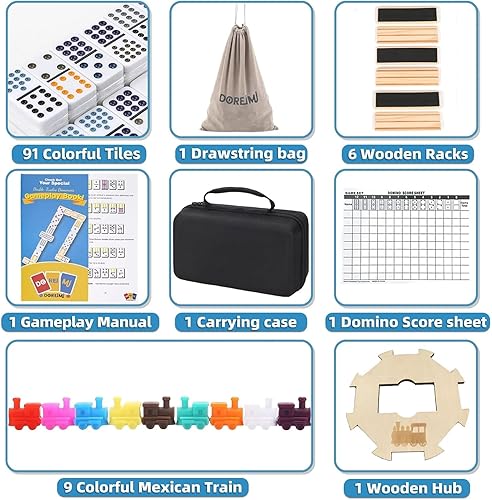 Miniatura 3 de Juego de dominó de tren mexicano con 6 soportes de madera, dominó dobles de 12 puntos de colores con cubo de actualización, juego de tren de viaje