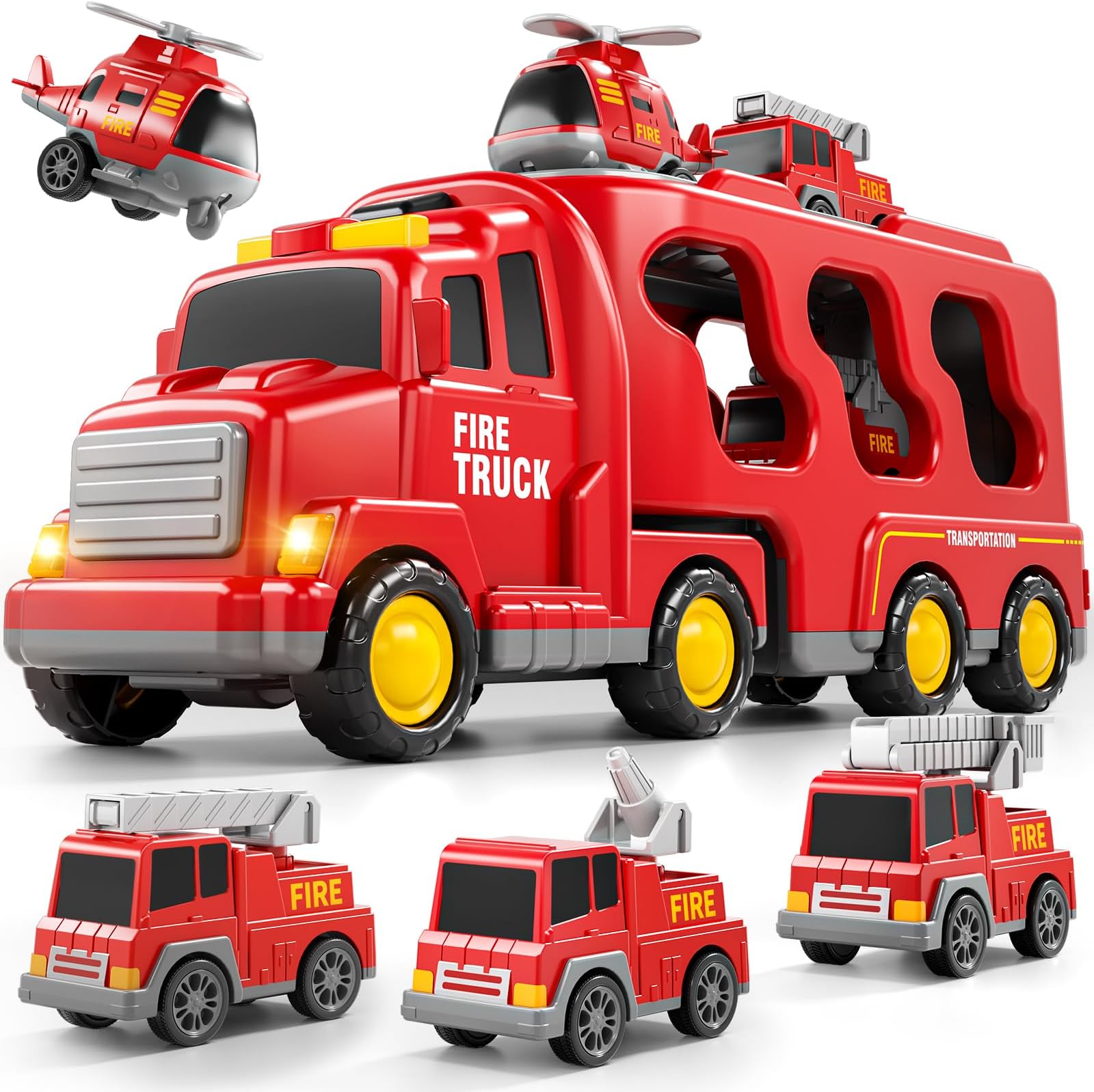 - 5-in-1 Fire Trucks Toy Set for Boys Age 1-3 3-5, Fire Car Truck for Toddlers 1 2 3 4 5 6 Years Old, Christmas Birthday Gift Car Sets with Light Sound