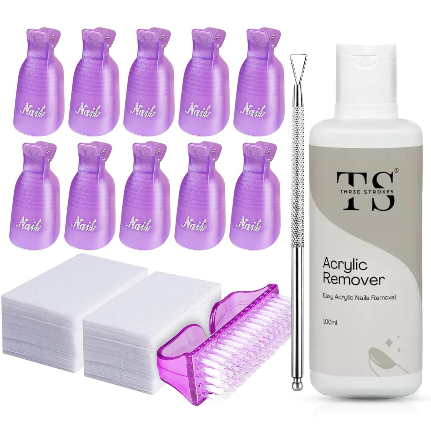 THR3ESTROKES Acrylic Remover Kit, Gel Nail Polish Remover for Nails with Soak off clips, Nail Wipes & Peeler, Professional, Quick & Easy Polish Remover In few Minutes Don't Hurt Your Nails 100ml