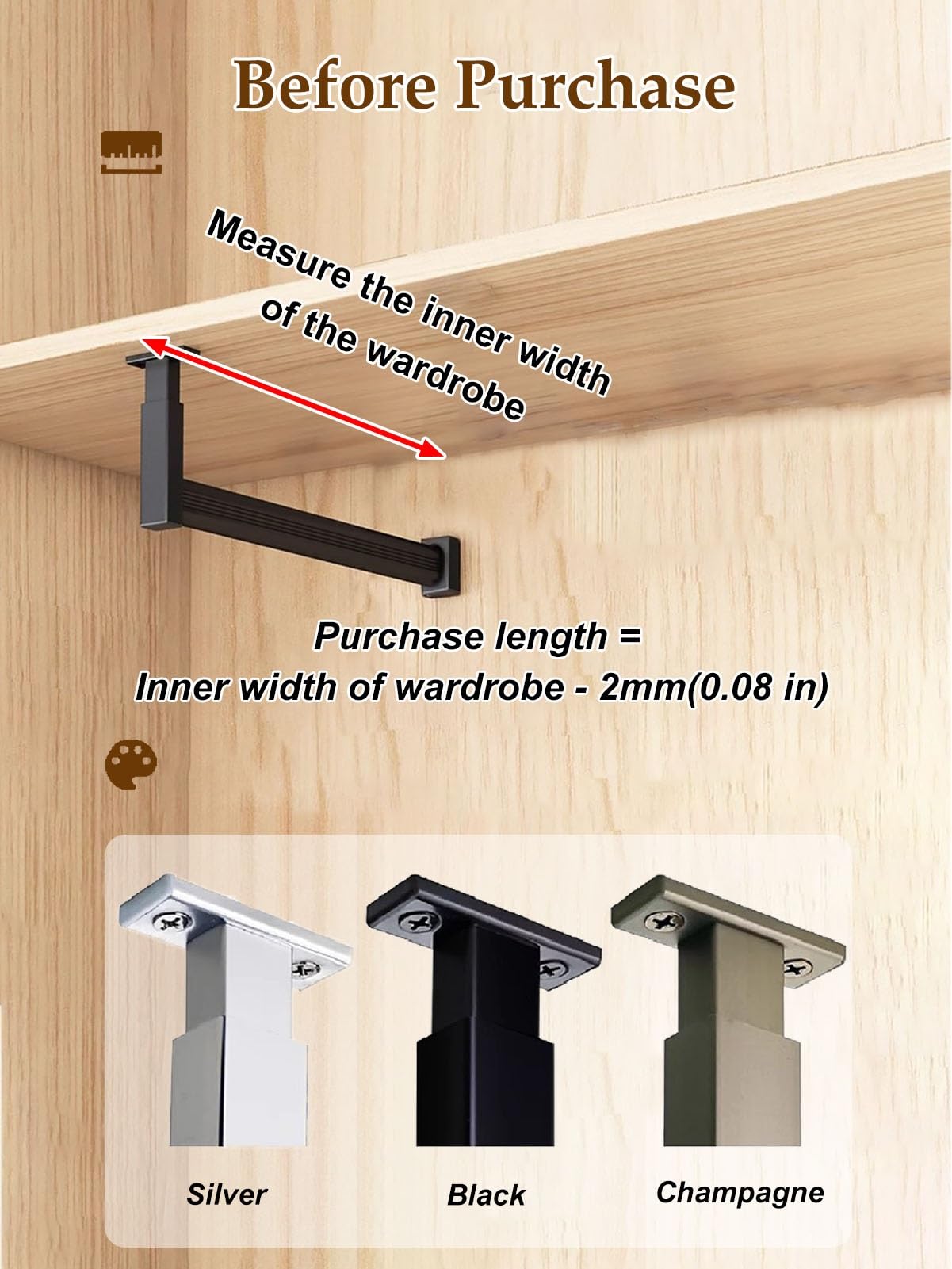 Barras de Armario. Barra de Armario de Metal de Altura Ajustable for Colgar Ropa, Organizador de Ropa de Madera for lavandería, Tienda y Autocaravana.(Champagne,50cm(19 3/4 in))