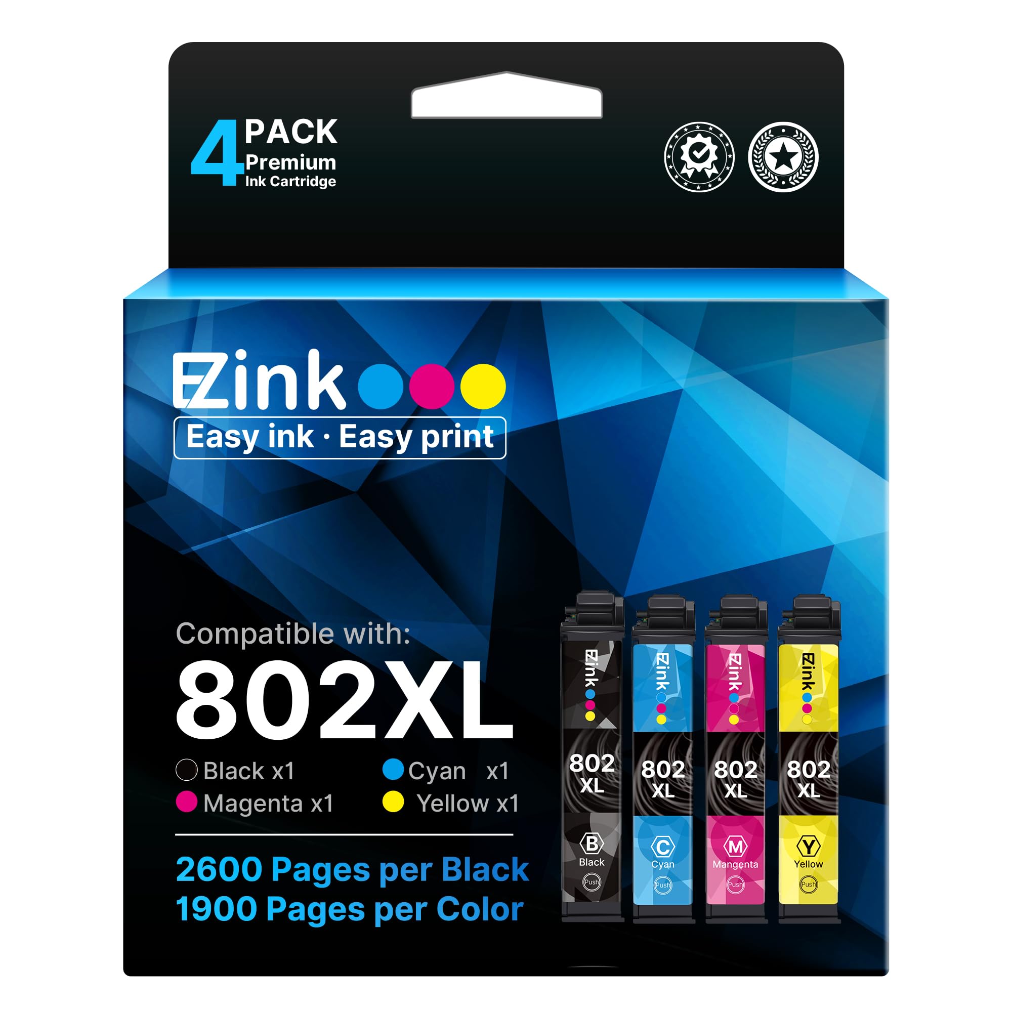 E-Z Ink Remanufactured Ink Cartridge Replacement for Epson 802XL 802 T802XL T802 to use with Workforce Pro WF-4740 WF-4730 WF-4720 WF-4734 EC-4020 EC-4030 (Black Cyan Magenta Yellow, 4 Pack)