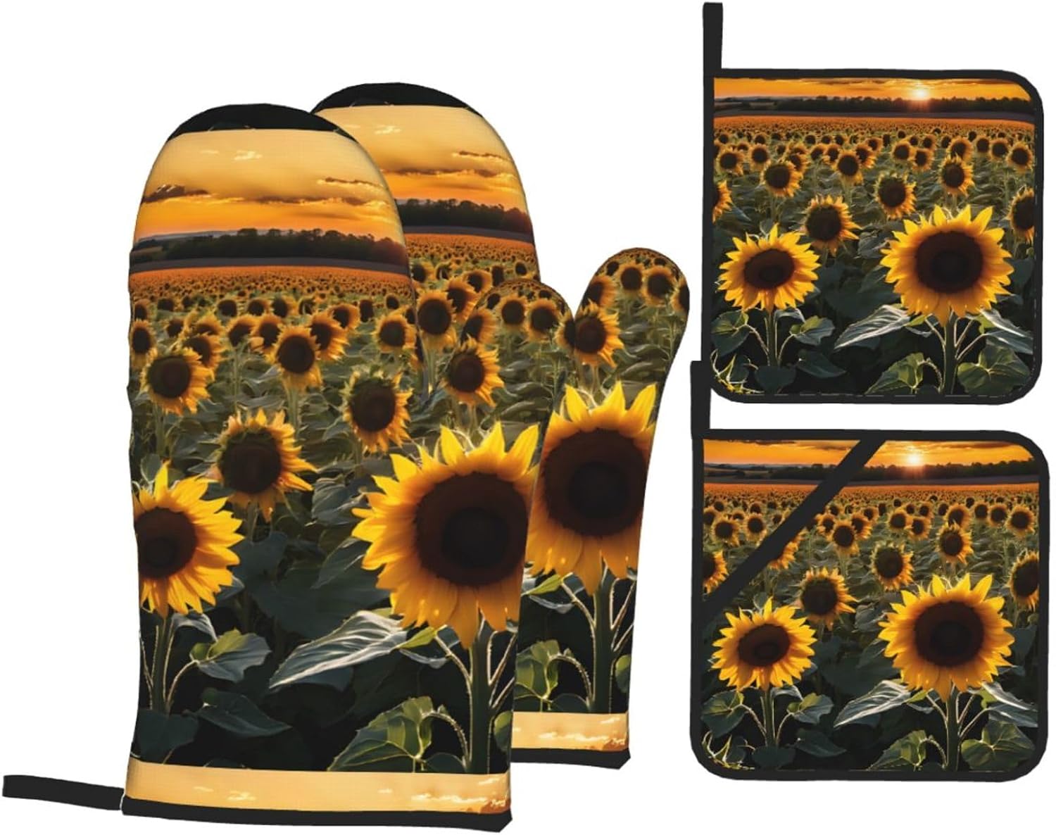 (Sunflowers Print) Baking 4-Piece Set: 2 Oven Mitts and 2 Pot Holders Heat Resistant Waterproof Hanging Loop for Kitchen Oven Grill Housewarming Gifts