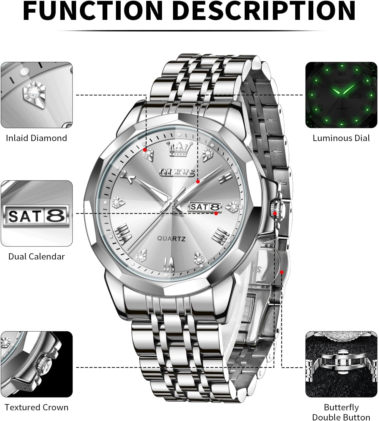 OLEVS Watches for Men Diamond Business Dress Analog Quartz Stainless Steel Waterproof Luminous Date Perfume Watch Luxury Fashion Wristwatch - Image 5