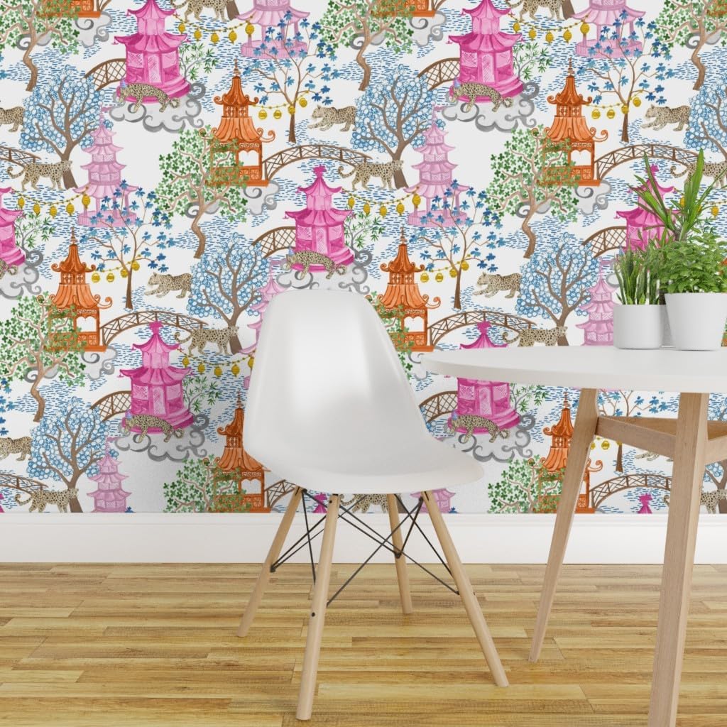 Spoonflower Removable Wallpaper 3ft x 2ft - Party Leopards Pagoda Forest Pink Rust Trees Landscape Chinoiserie Custom Pre-Pasted Wallpaper