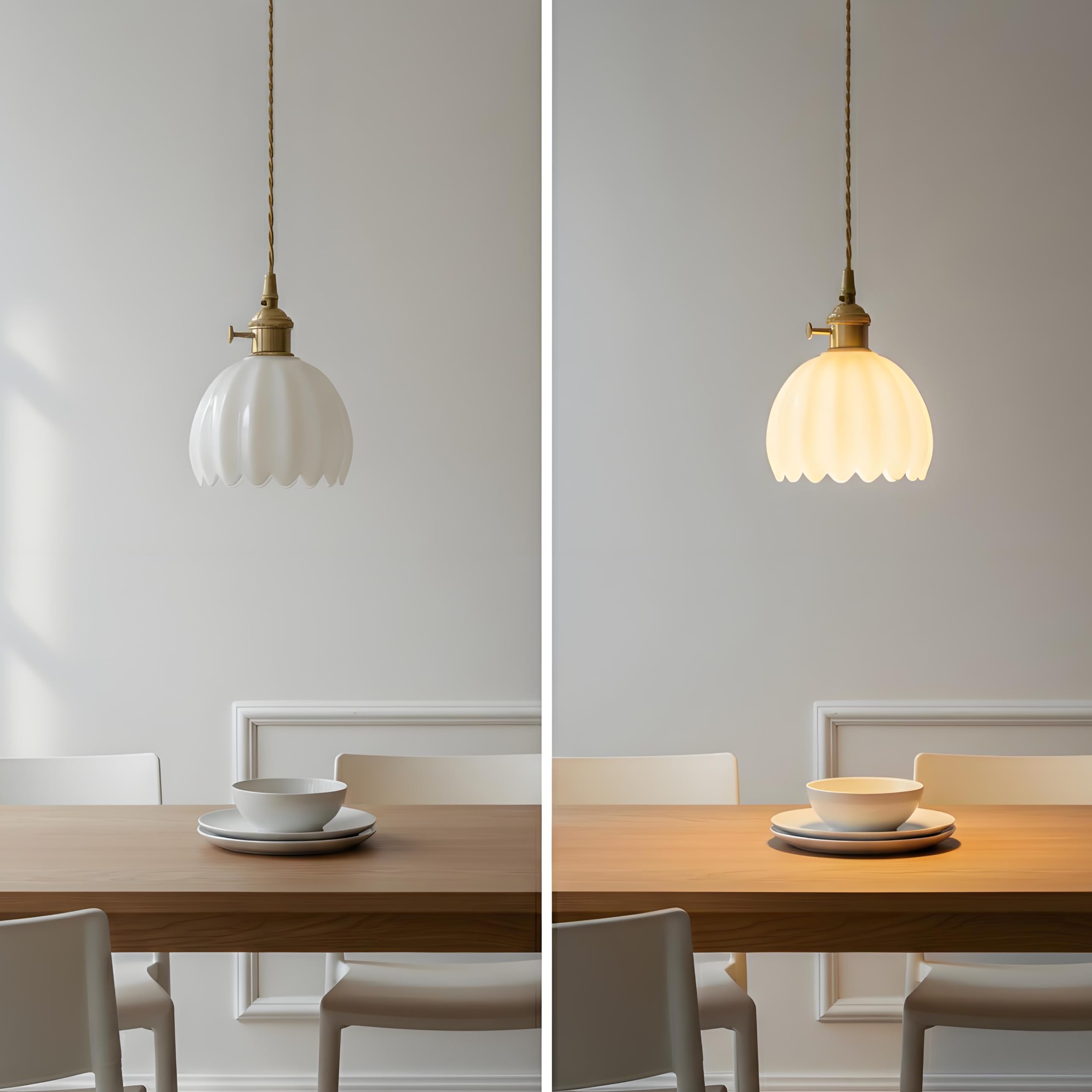 Lampada a Sospensione in Vetro Floreale, Vintage Presa E27 e Interruttore, Altezza Regolabile Lampadario a Soffitto per Cucina, Sala Pranzo, Camera (Bianco)
