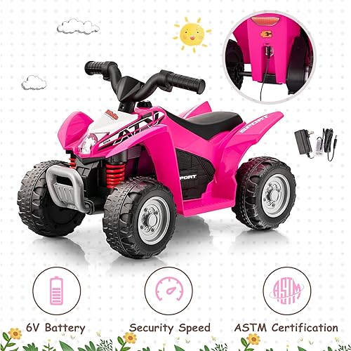 Vista 7 de OLAKIDS ATV para niños, vehículo eléctrico de 6 V para niños pequeños, auto motorizado de juguete de 4 ruedas para niños y niñas con luces LED, Coral