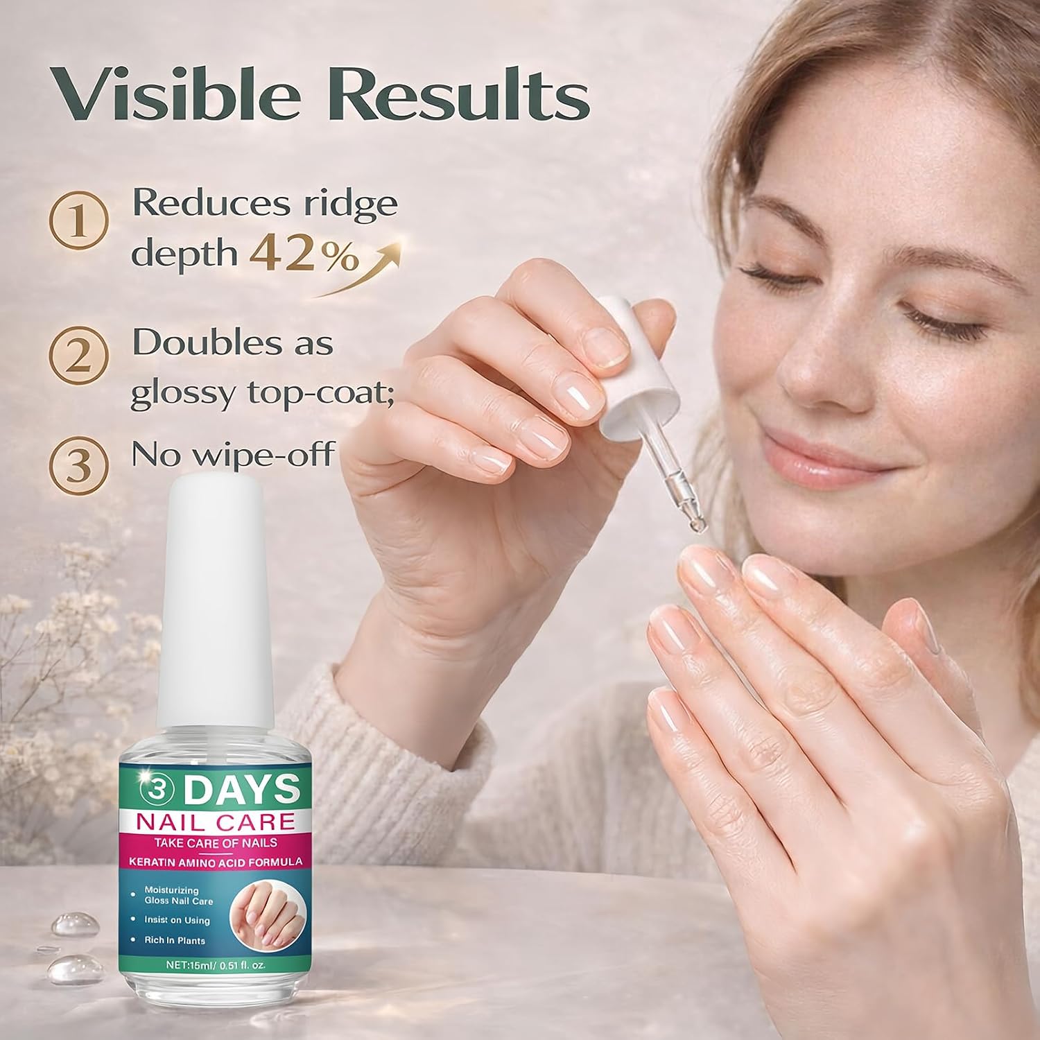 Nail Strengthening & Hydrating Oil, Clear Nail Care Solution for Dry and Weak Nails, Lightweight Daily Nail Care Polish, Natural Gloss Finish, 15ml