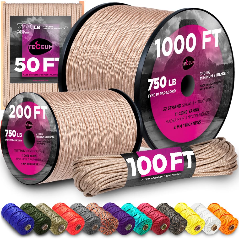TECEUM Paracord Rope 750 lb – 1000ft / 200ft / 120ft / 100ft / 50ft – String Parachute Cord for Camping, Survival, Outdoor Gear – 35+ Colors – Nylon