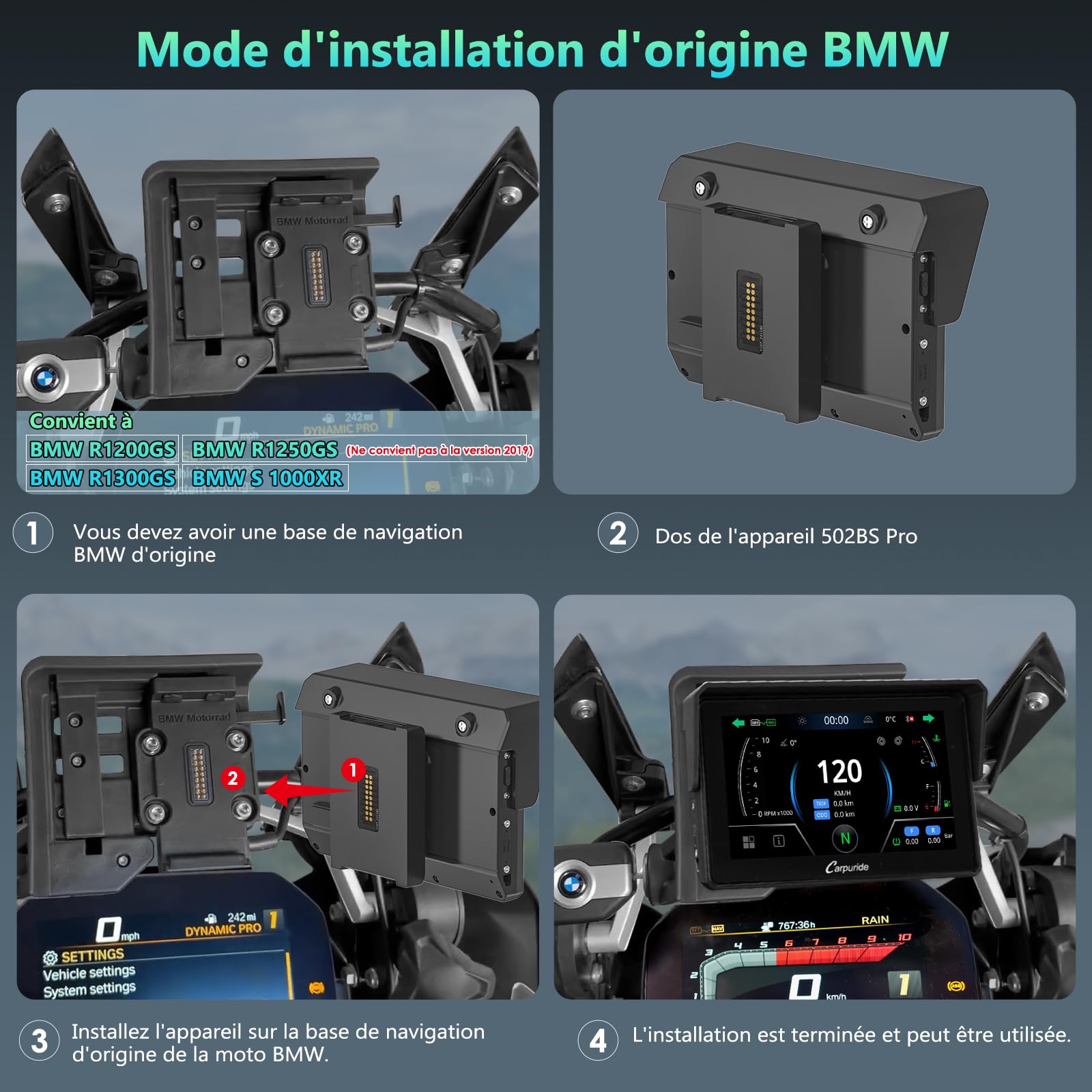 CARPURIDE W502BS Pro pour Moto BMW, CarPlay et Android Auto, Double Bluetooth, écran de Navigation étanche de 5 Pouces, Lecture de Données, Native Wonder, TPMS, Capteur de Lumière, Partage de Musique