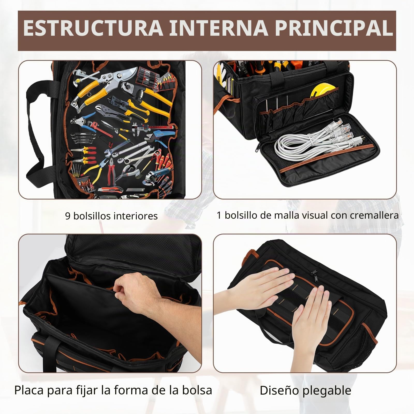 Bolsa de herramientas para electricista de 17 pulgadas, bolsa de herramientas con múltiples bolsillos, tela Oxford resistente con costuras reforzadas, correa de hombro ajustable, para