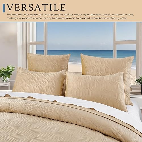 Miniatura 2 de Querencia Juego de edredón de terciopelo de lujo tamaño Queen, edredón beige tostado, edredón geométrico acolchado, colcha bordada, ropa de cama