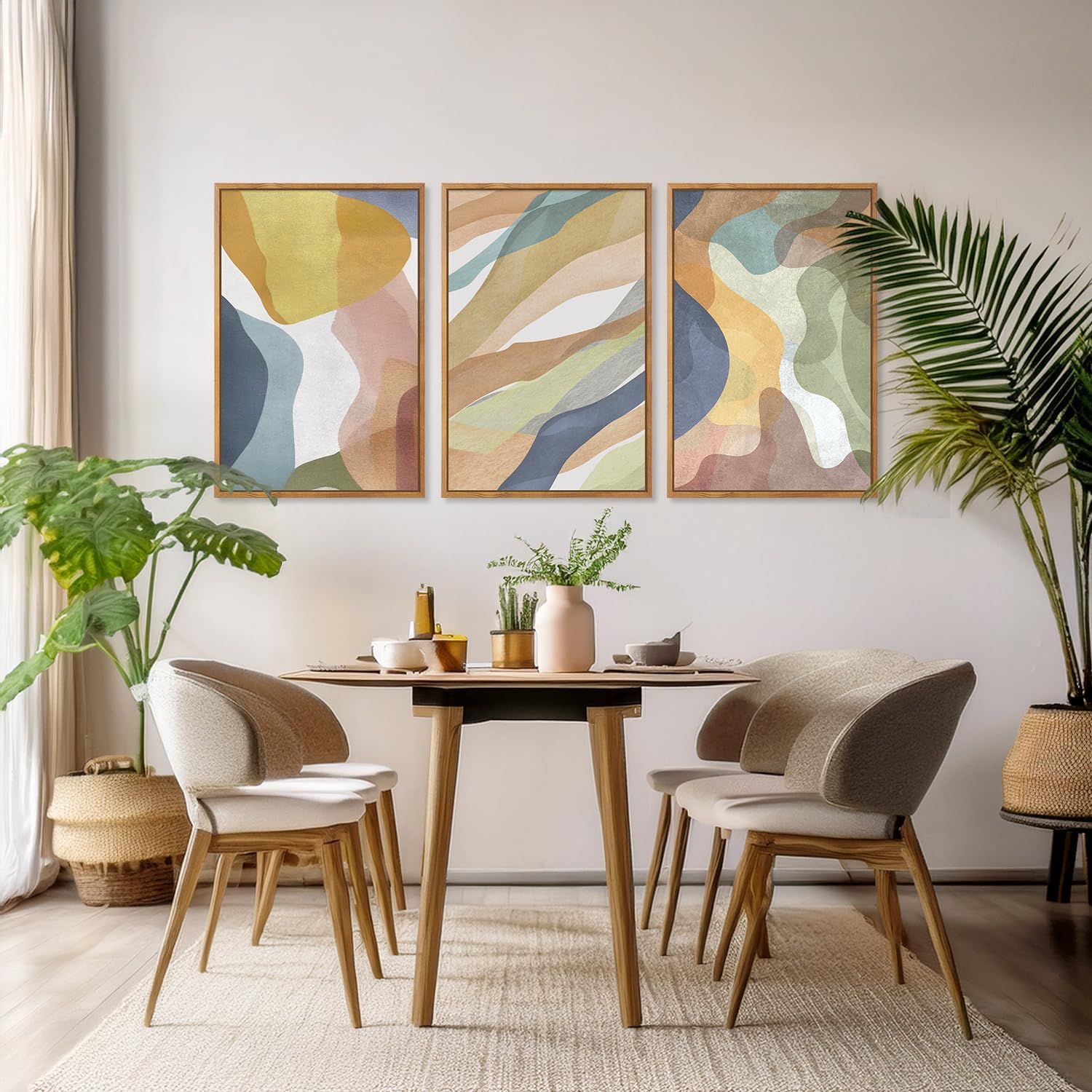 CHDITB Mountain Sun Forest Framed Art Prints(Set of 3, 24”x36”), Boho Watercolor Nature Landscape Canvas Artwork Painting, Abstract Foggy National Park Scenery Poster Decor for Living Room Bedroom