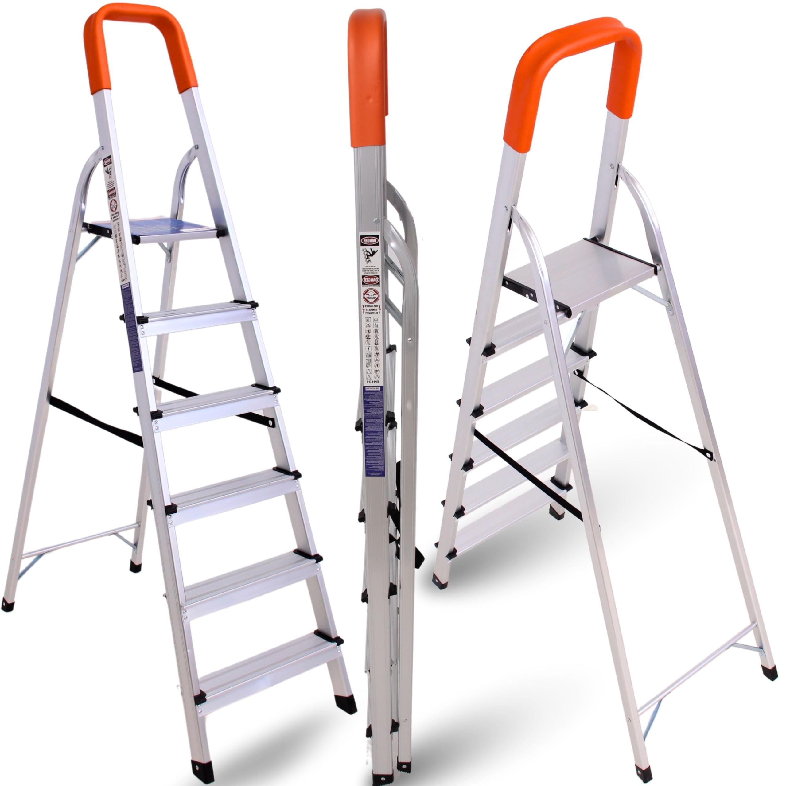 Novecrafto (6-Step Ladder) Aluminium Step Ladders - Heavy Duty Folding Ladder With Safety Handrail - Compact, Portable Step Ladder