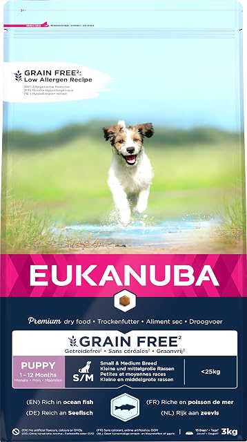 Eukanuba Grain Free Alimento para Cachorros de Perro de Raza Pequeña y Mediana, Receta Baja en Alérgenos, 3 kg
