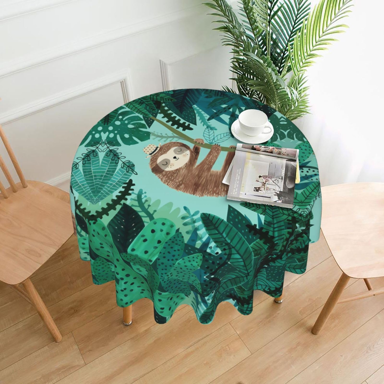 Hjfczh Black Hug Tree Sloth Prints Round Table Throw 60 Inch - Waterproof Table Cover - Soft & Wrinkle Resistant Decor Layer For Dinners, Parties & Everyday Use