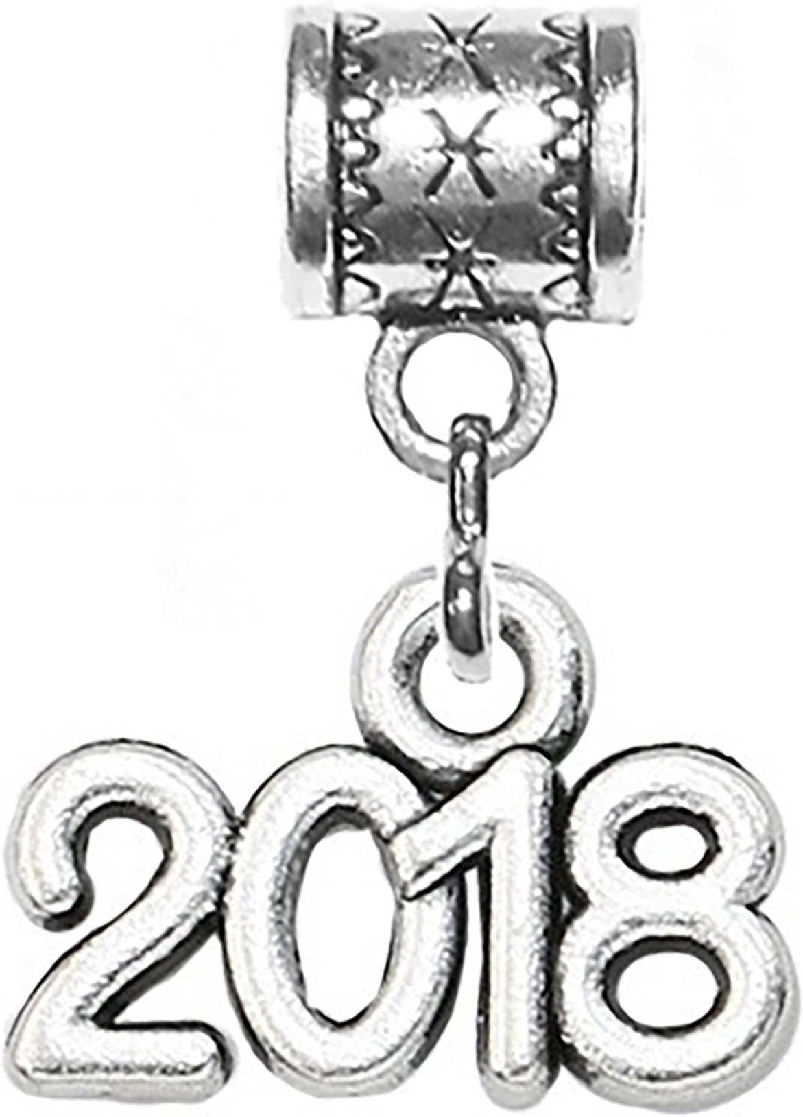"2018" silver charm PLUS a complimentary surprise charm included by Mossy Cabin for modern large hole snake chain charm bracelets, or add to a neck chain, pendant necklace or key chain