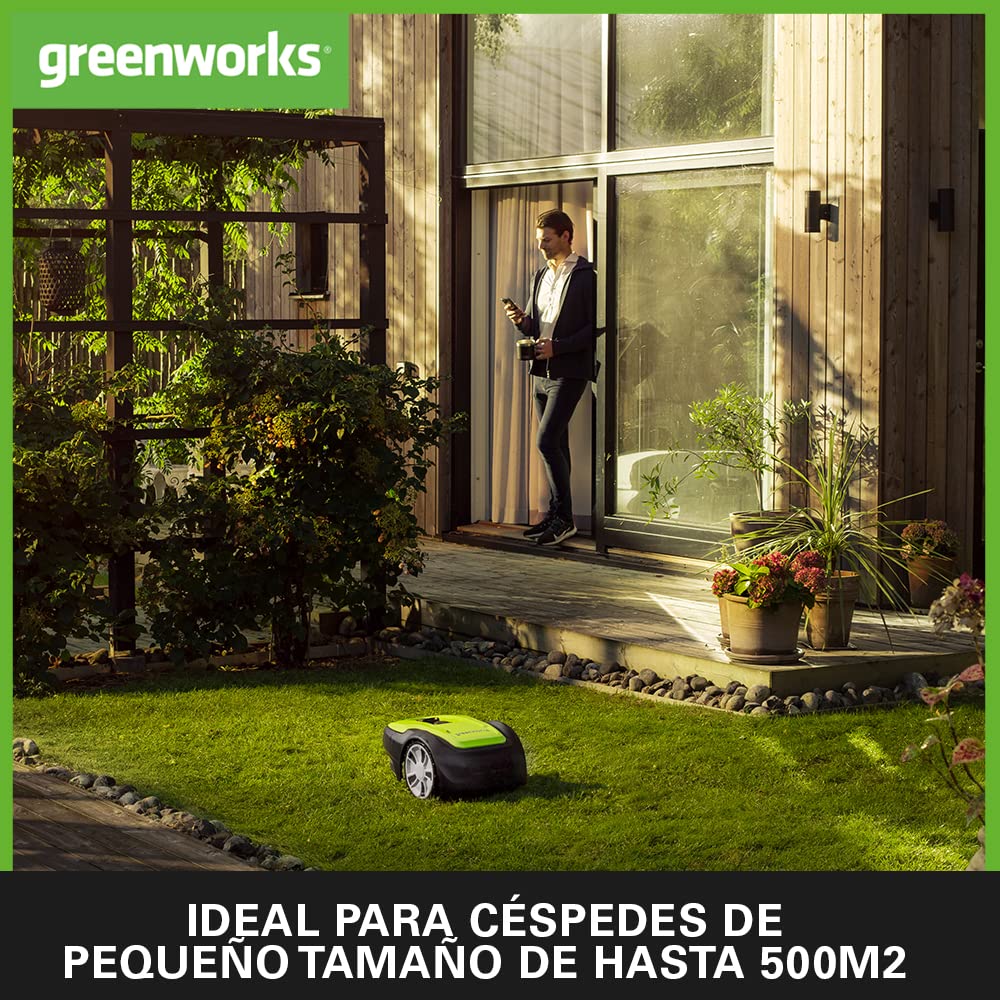 Greenworks Optimow M robot cortacésped para áreas hasta 500m2, pendiente 30%, muy silencioso, control bluetooth, características de seguridad avanzadas, protección robo, 3 años de garantía