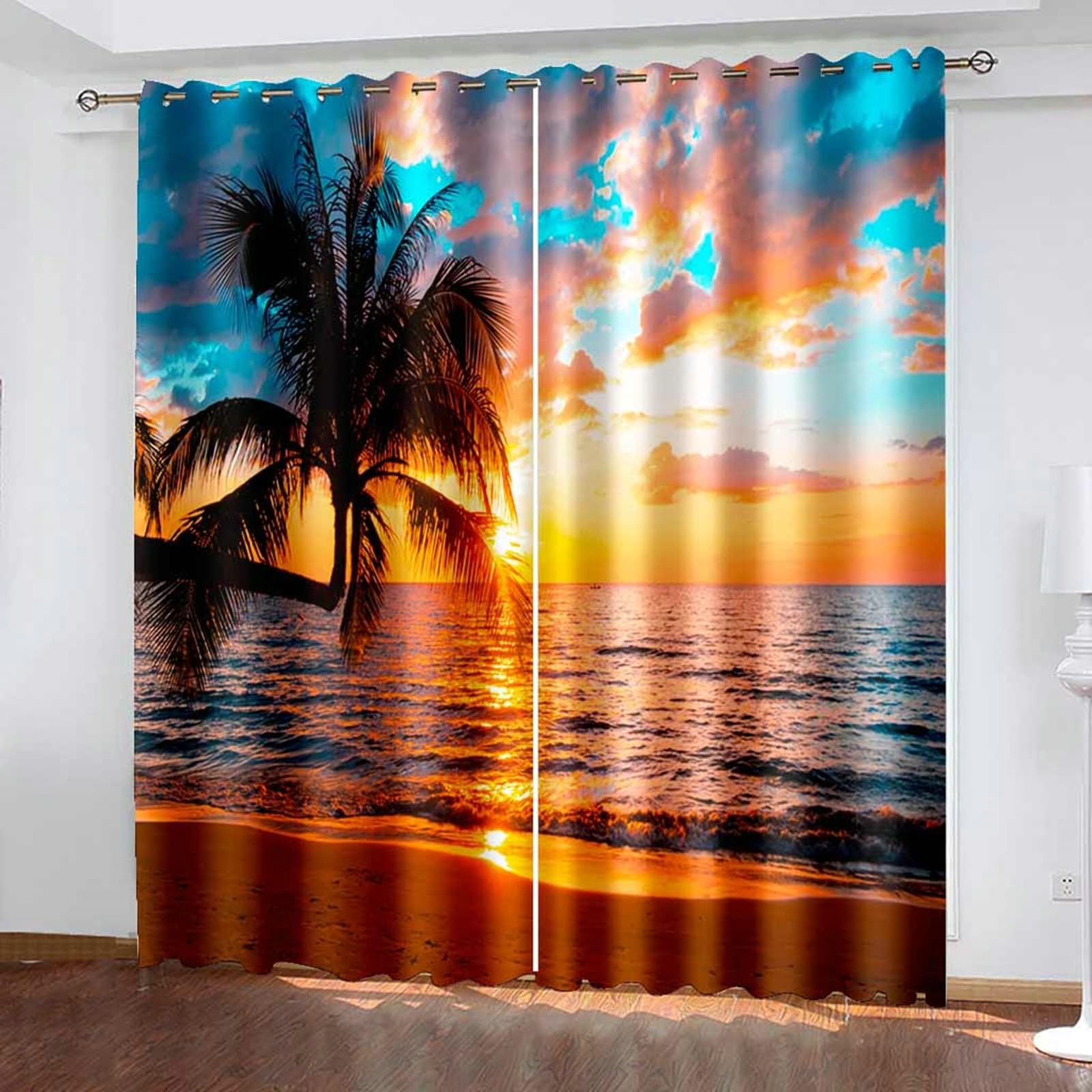 Gualiy Vorhänge Blickdicht, Gardinen 86x115cm Palmen Meer Sonnenuntergang Landschaft Vorhang Schlafzimmer Verdunkelung Modern