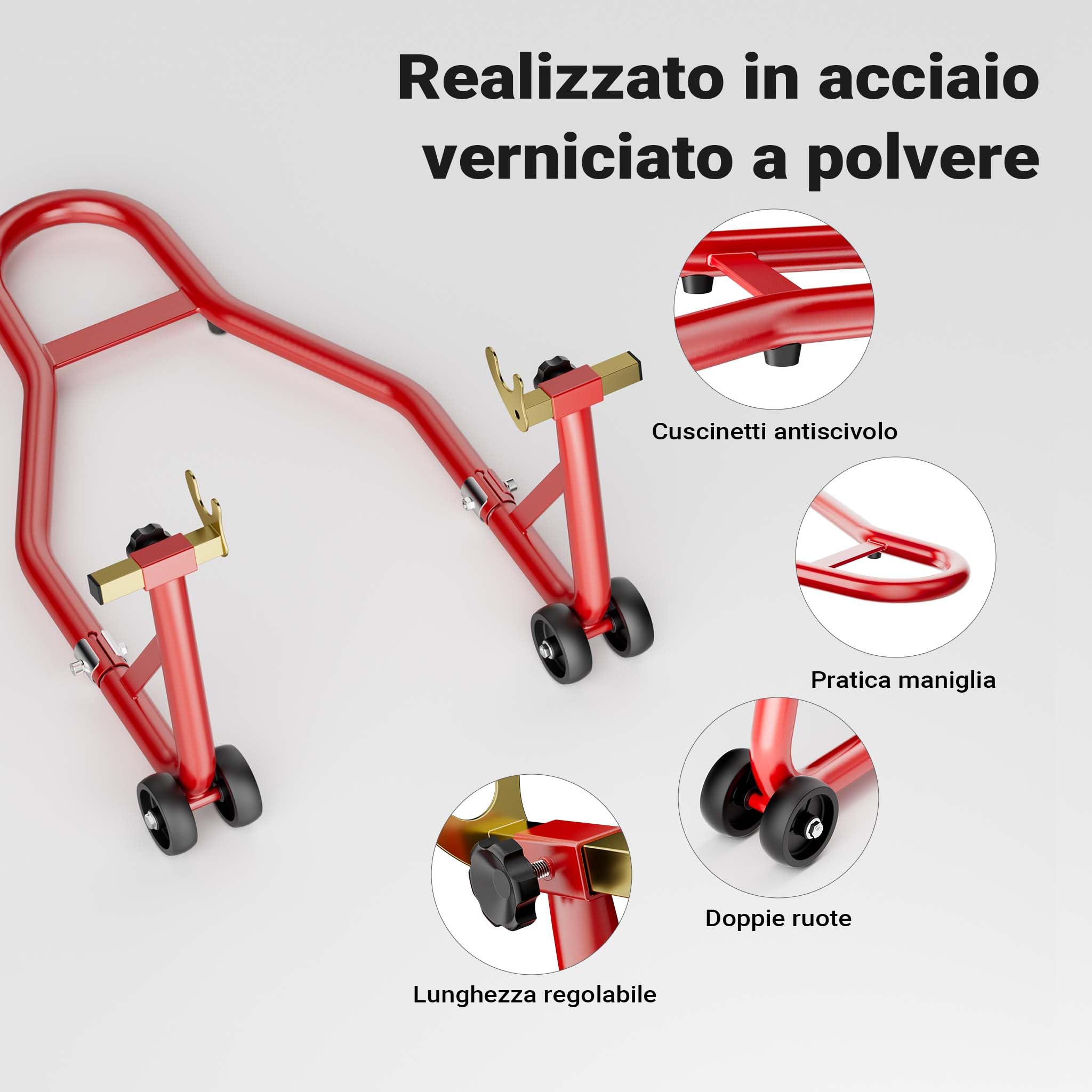 Wiltec Cavalletto alzamoto posteriore sotto forcella, max 450 kg, con rotelle, per ruote posteriori