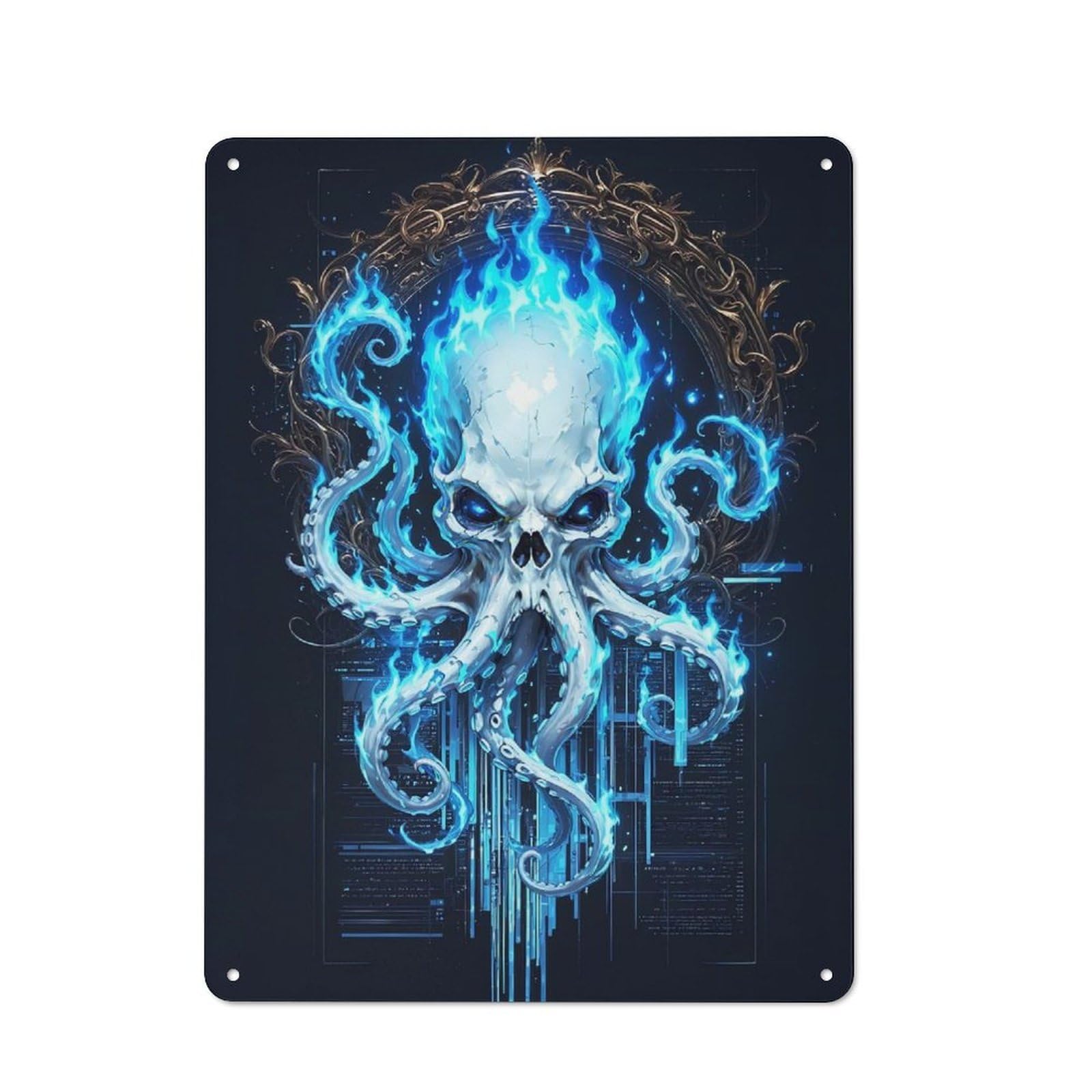 Junmoney Style-1 Metal Sign 40X30cm With Flaming Skull Octopus Digital Art For Workshop Wall, Vintage Decor, For Vintage Wall Decor Fans, For Metal Sign Collectors