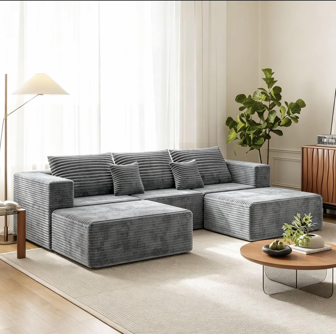 Rwatjairex 110' U Shaped Sectional Sofa with 2 Ottomans, Modular Corduroy Boneless Cloud Couch