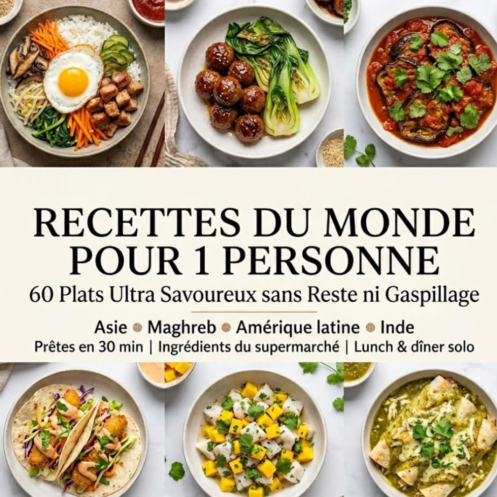 RECETTES DU MONDE POUR 1 PERSONNE 60 Plats Ultra Savoureux sans Reste ni Gaspillage Asie • Maghreb • Amérique latine • Inde: Prêtes en 30 min | Ingrédients du supermarché | Lunch & dîner solo