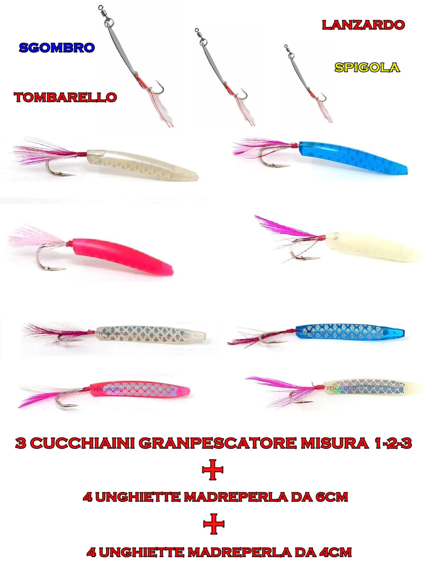 Kit 11 Unghiette Madreperla e Granpescatore Pesca Traina Tonnetti Spigola Serra Leccia Sgombro Lanzardo