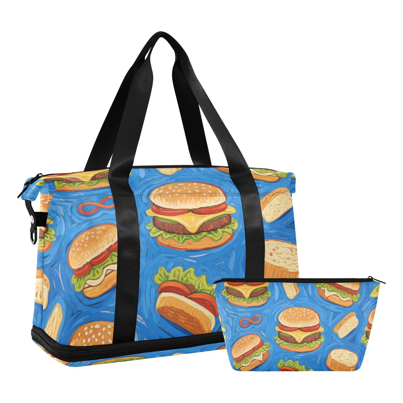 Borsa da viaggio per hamburger con cibo blu con tasca bagnata e tracolla regolabile, borsa da palestra per aereo, pieghevole, per uomini e donne