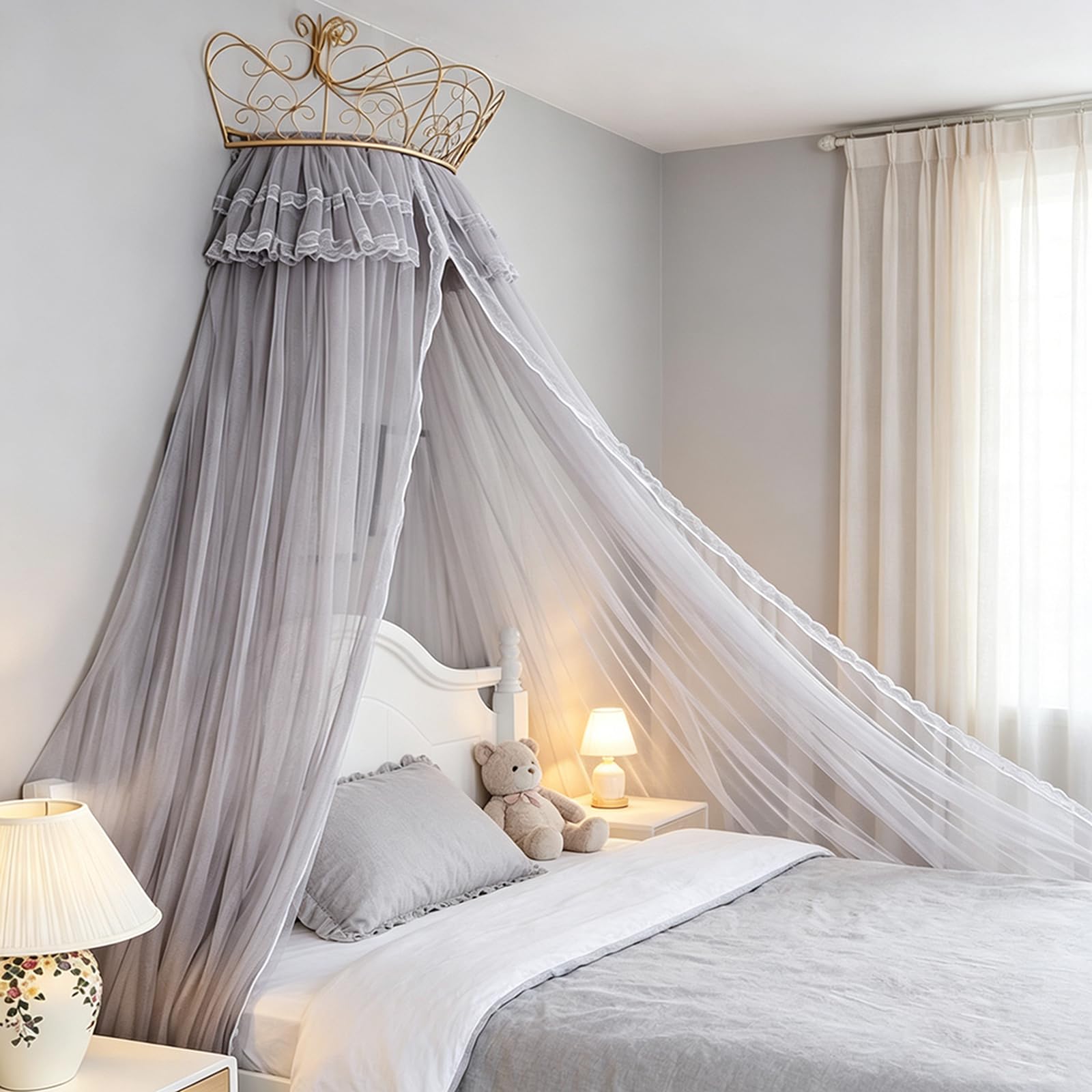 SDCGB Bed Canopy for Girls Room, Premium Bed Canopy Curtains with Metal Crown, Princess Tents Bed Canopy Valance, Gray1