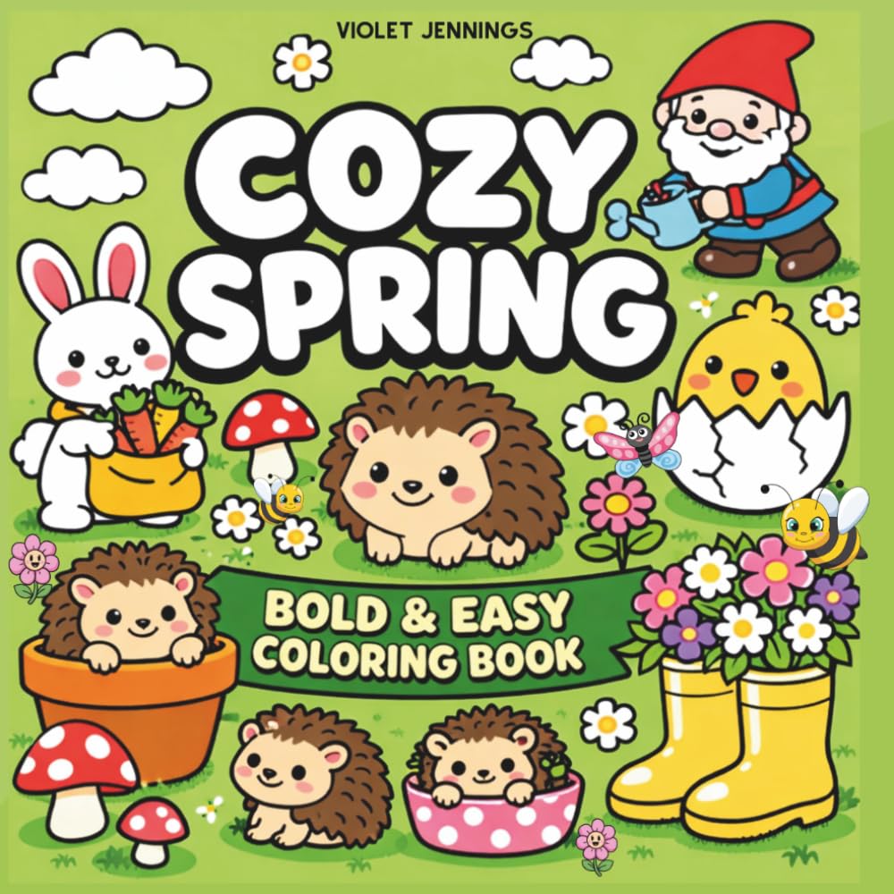 COZY SPRING BOLD & EASY COLORING BOOK: •50 + Cute and Inspired Scenes for All ages: Adults, Kids, Teens, Seniors for Stress Relief and Relaxation
