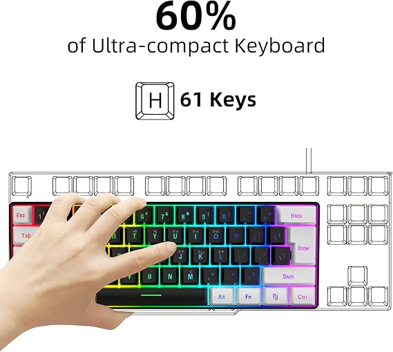 Snpurdiri 60% Gaming Keyboard, RGB Backlit Small Keyboard | Ultra-Compact 60 Percent Keyboard with Detachable USB-C Cable | UK Compatible US Layout | Black White Design for PC/Mac