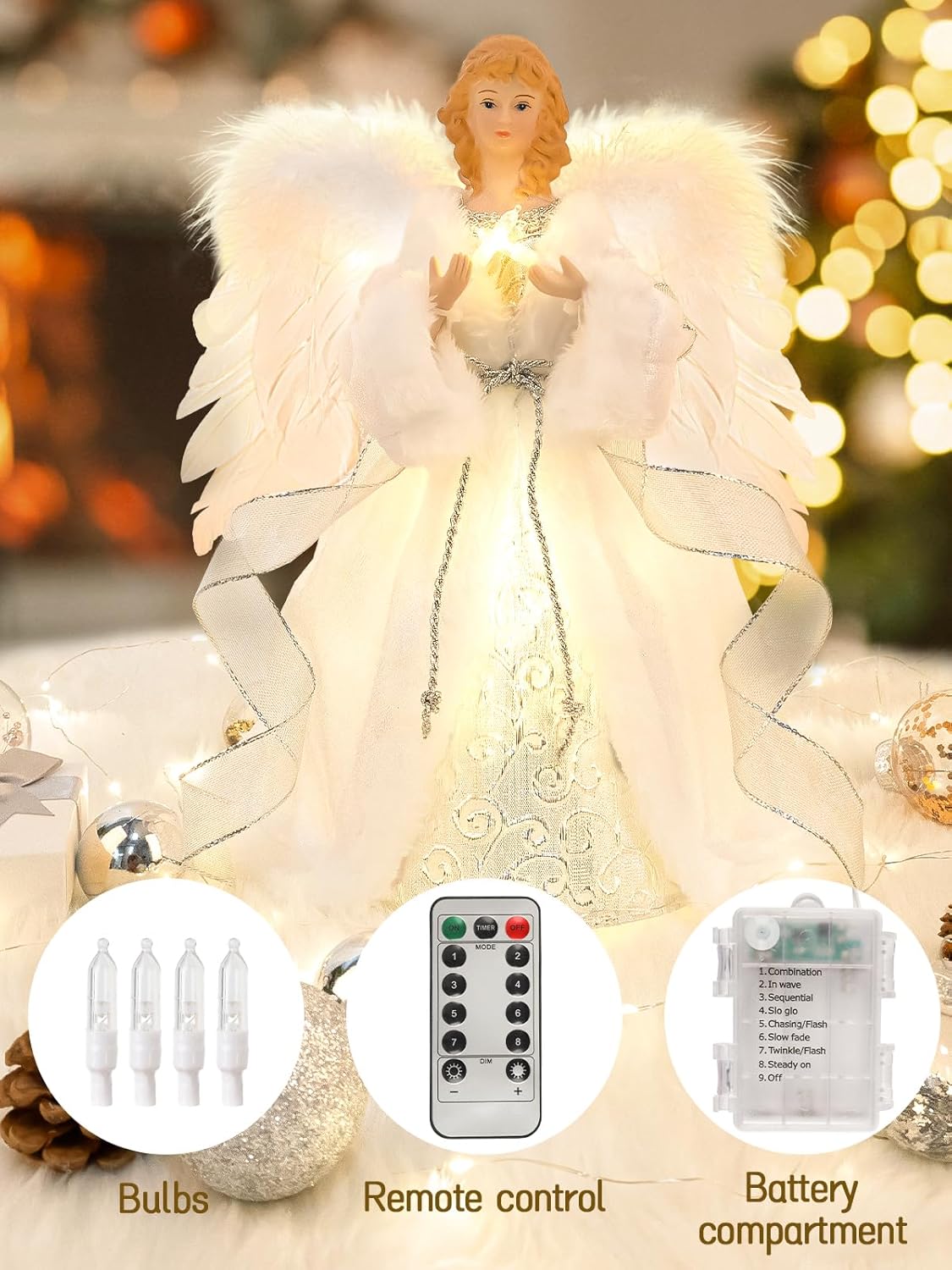 HOHOTIME 12'' Angel Tree Topper with White Feather Wings and Silver Skirt, Christmas Tree Topper with LED Light for Xmas Tree Top Decor Holiday New Year Home Ornament Decorations - Image 5
