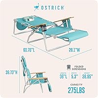 Vista 3 de Ostrich Deluxe Silla reclinable de salón, Silla plegable al aire libre para playa 3 en 1, Aqua - Silla portátil resistente para césped, piscina