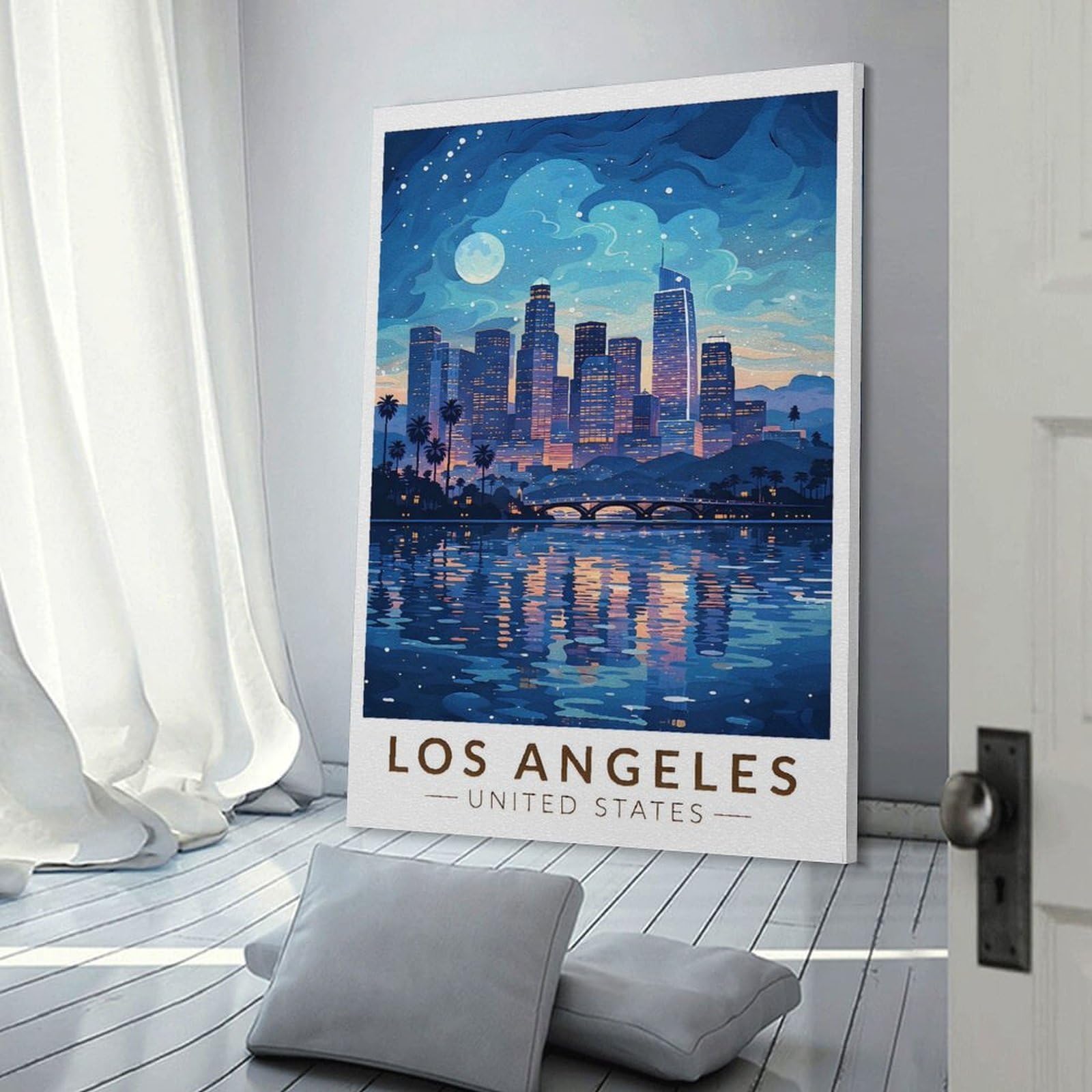Junmoney Canvas Art Print Los Angeles Skyline at Night, 16x24inch(40x60cm), for Home Office, Desk Area Or Studio, Wall Art That Adds Style to Work Areas