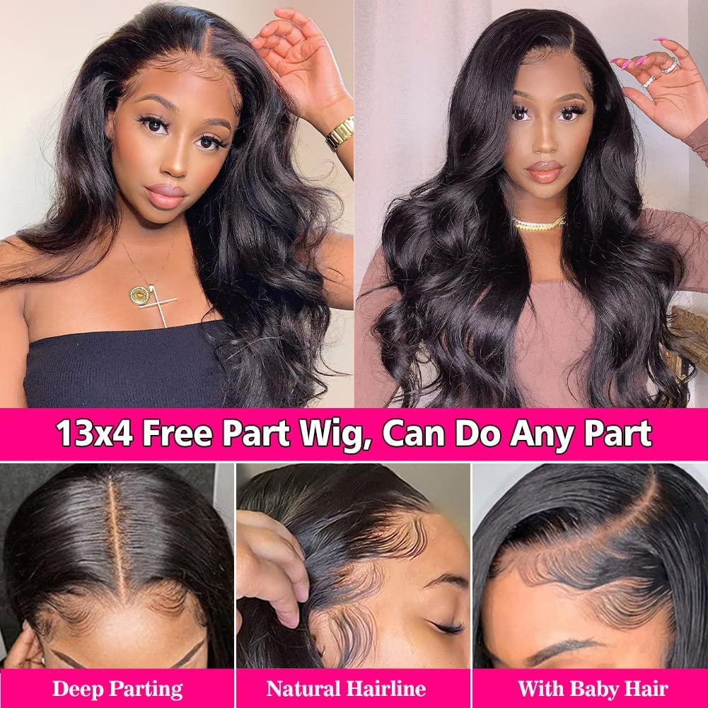 30Inch 13x4 Body Wave Lace Front Wigs Human Hair 200% Density Natural Black Pre Plucked HD Lace Frontal Glueless Body Wave Wig For Women