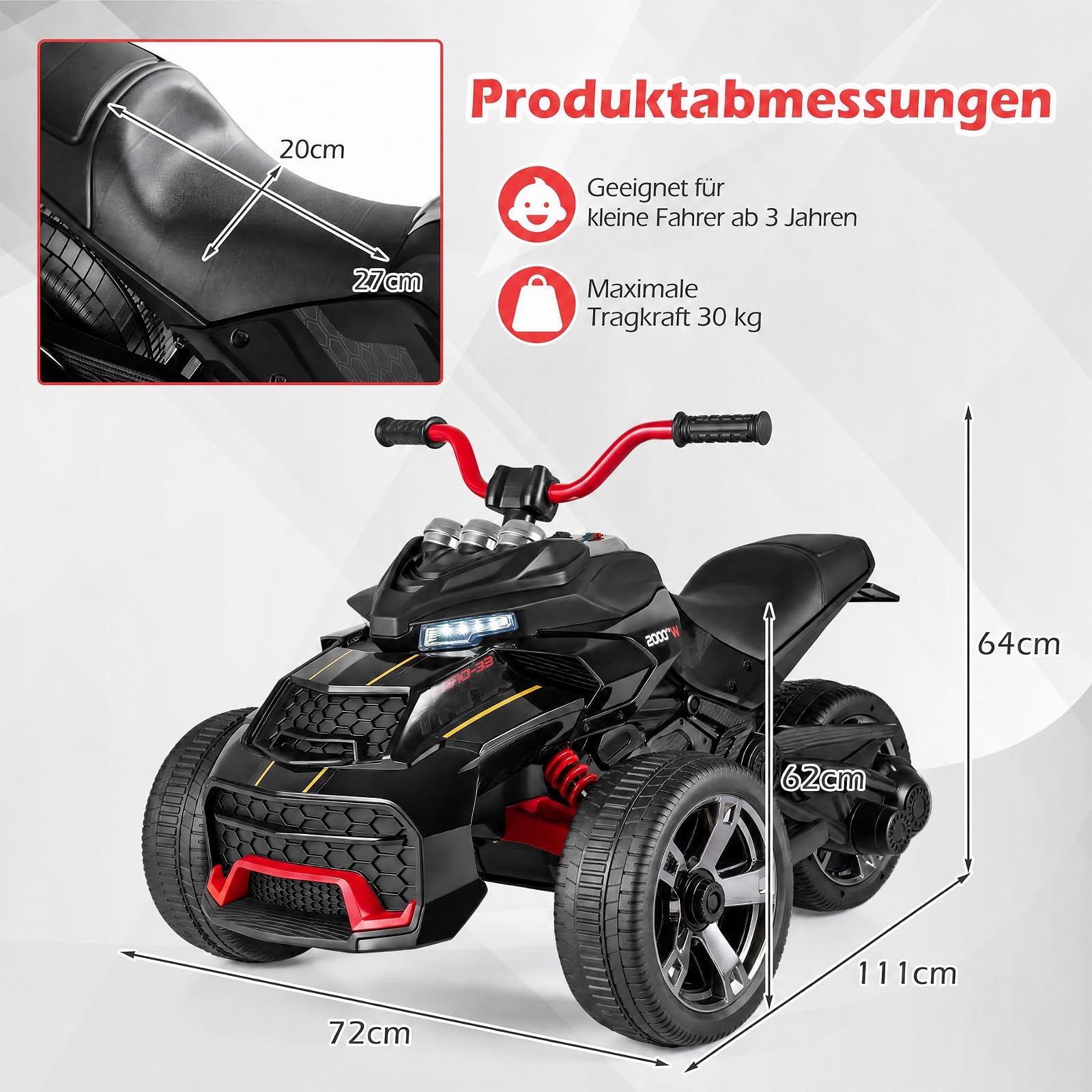 COSTWAY Elektro Quad Kinder, 12 V Kinderquad 3–7 km/h mit 3 Rädern, Schwarz