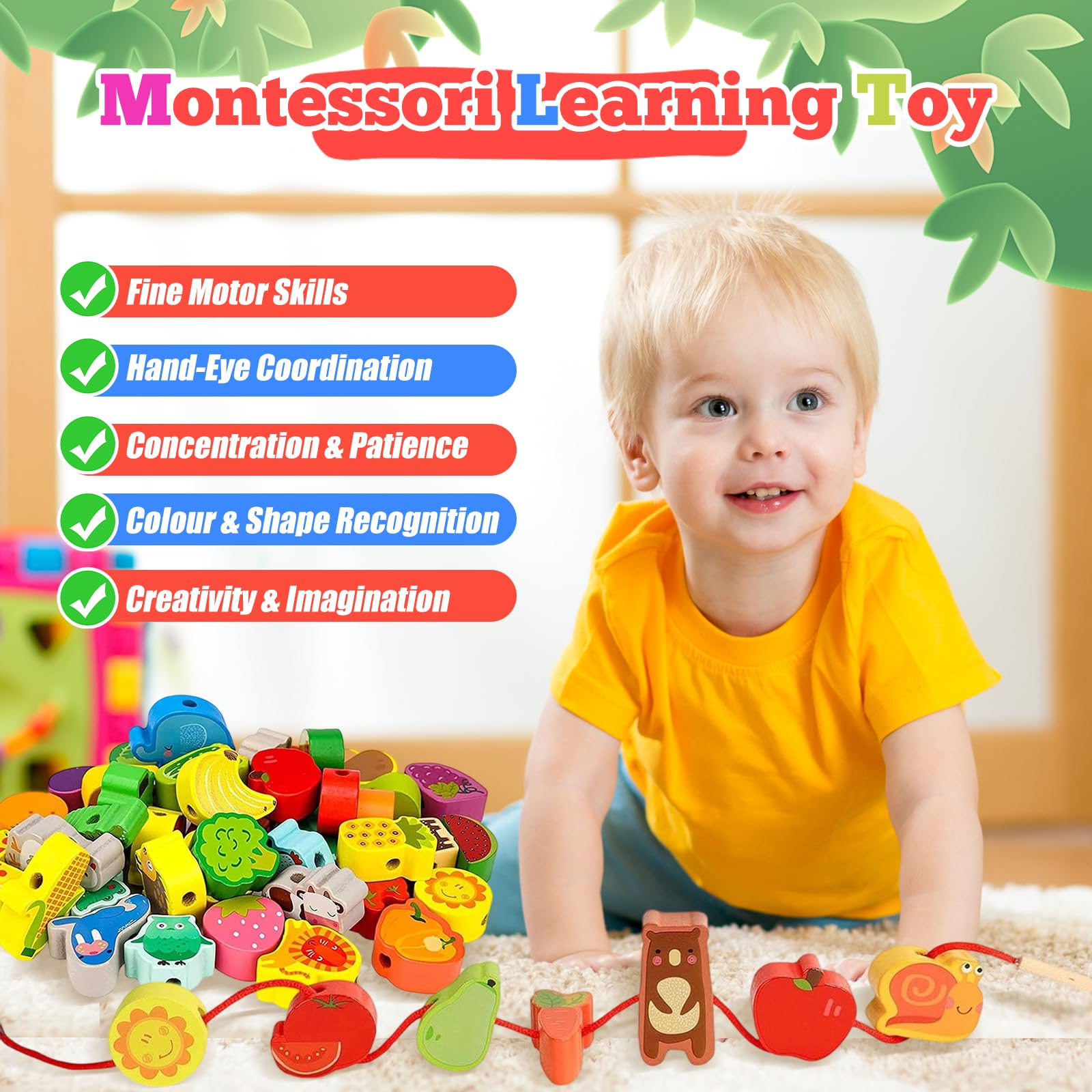 TAGMEIU 42Pcs Toddler Threading Toys, Animals Fruits Vegetables Toddler Threading Beads Wooden Toy, Fine Motor Skills Toys - Image 3