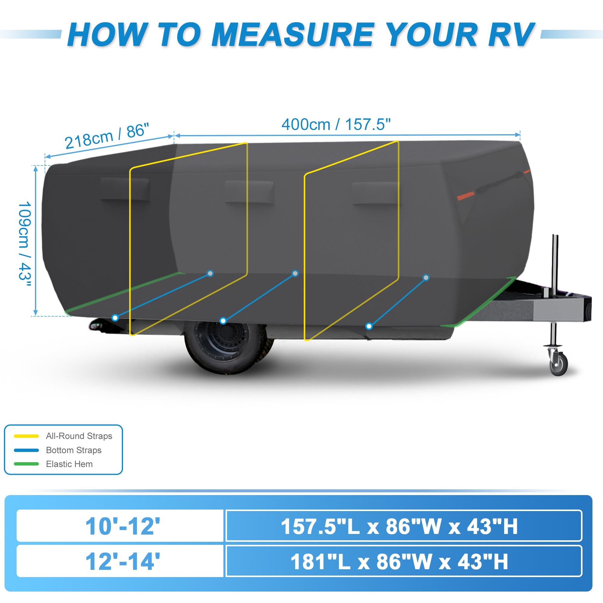 QUARKZMAN Housse Imperméable Pour Caravane Pliante 10-12Ft 1pc | Tissu Ox Pour Ford 210D Imperméable, Dimensions 400x218x109cm, Contenu: Housse, Sangles, Couvre-Gouttières, Patchs, Sacs