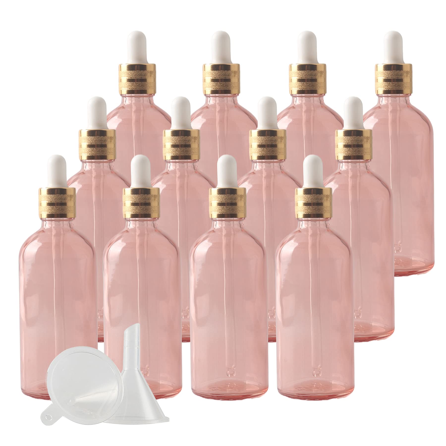 Plastikowa butelka z rozpylaczem, 12 sztuk, 100 ml, pusty różowy szklany zakraplacz ze szklanymi pipetami, złote fiolki z pierścieniem śrubowym do kosmetycznych olejków eterycznych, aromaterapii
