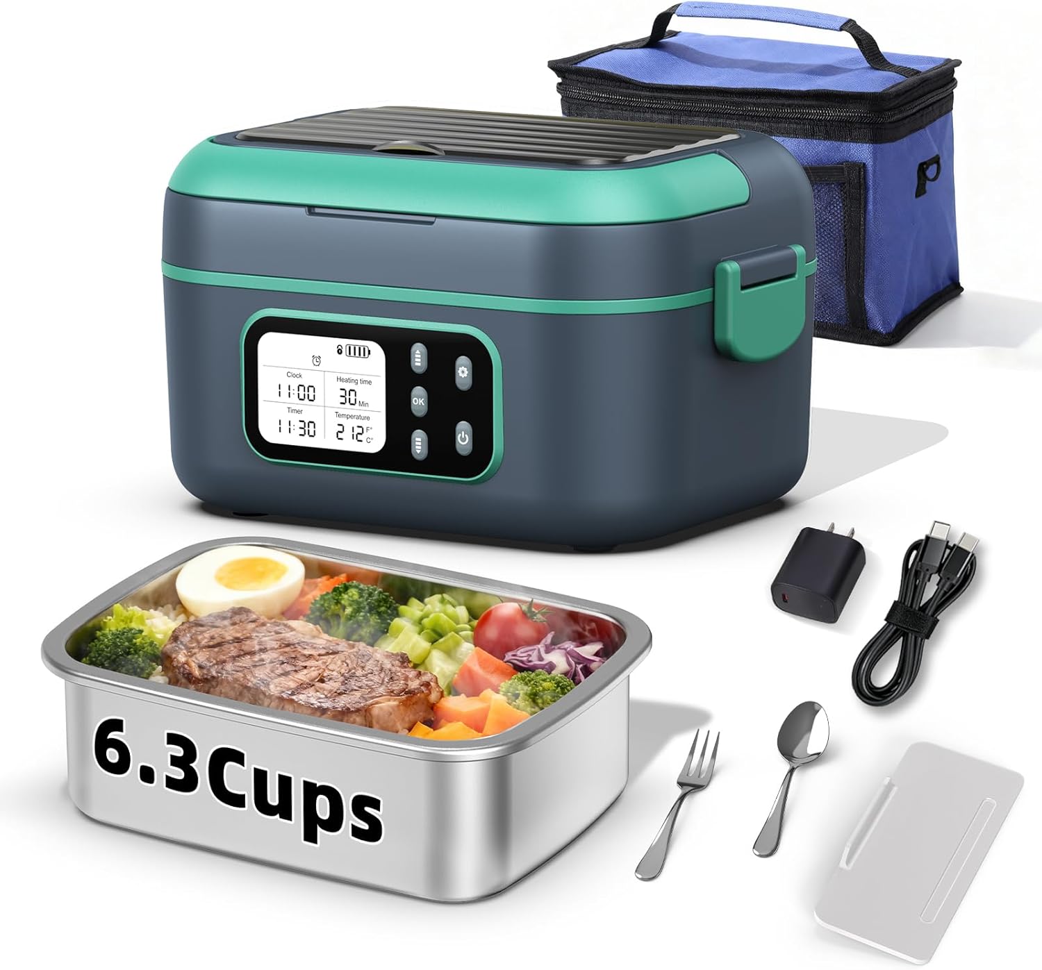 6.3 Cups Cordless Electric Lunch Box for Adults, 27000mAh 100W Rechargeable Battery Powered Automatic Scheduled Heated Lunchbox, Rapid Heating Portable Food Warmer BPA Free for Hot Meals Anywhere