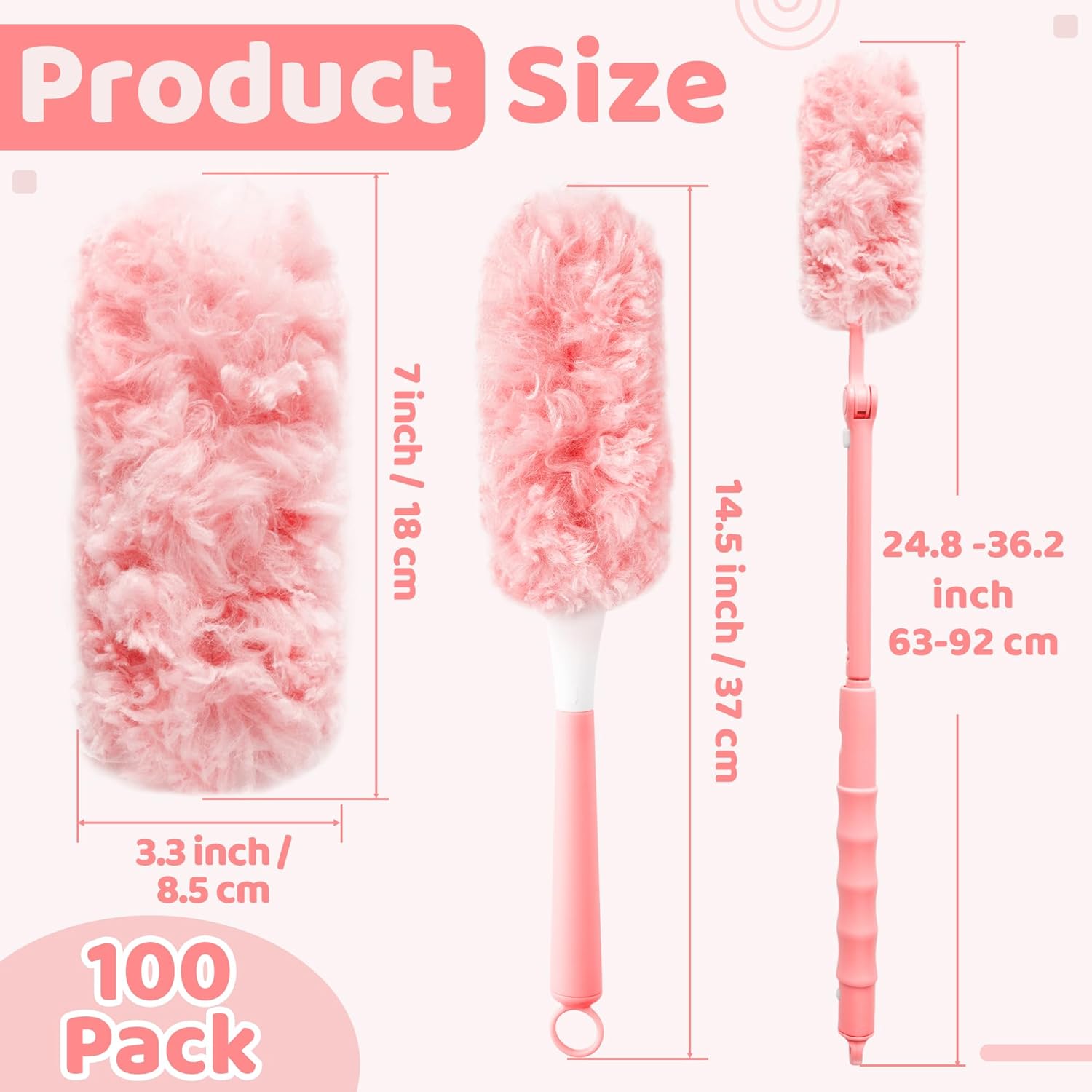 360° Dusters Refills for Cleaning - 100 Count Disposable Feather Duster Kit with 2 Handles, Multi-Surface Microfiber Feather Dusting Cleaner for Furniture Blinds Windows Ceiling Fans (Pink)