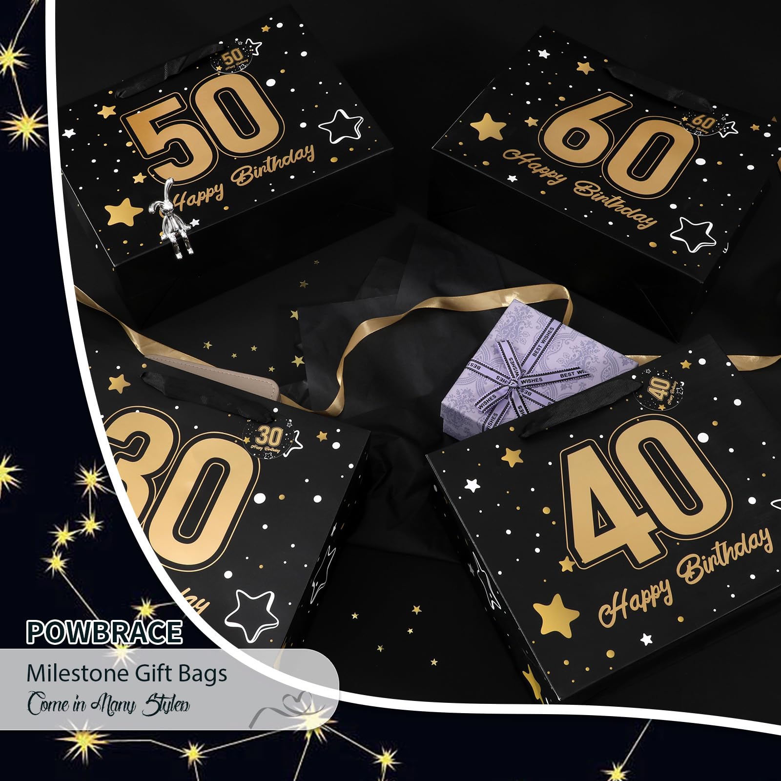 Powbrace 33 cm Geburtstagsgeschenktüte mit Seidenpapier und Karte (Schwarz zum 40. Geburtstag)