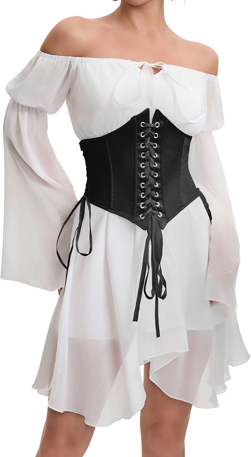 Womens Corset Dresses Off Shoulder Bell Sleeve Casual Party Fairy Two Piece Outfits Bustier Dress