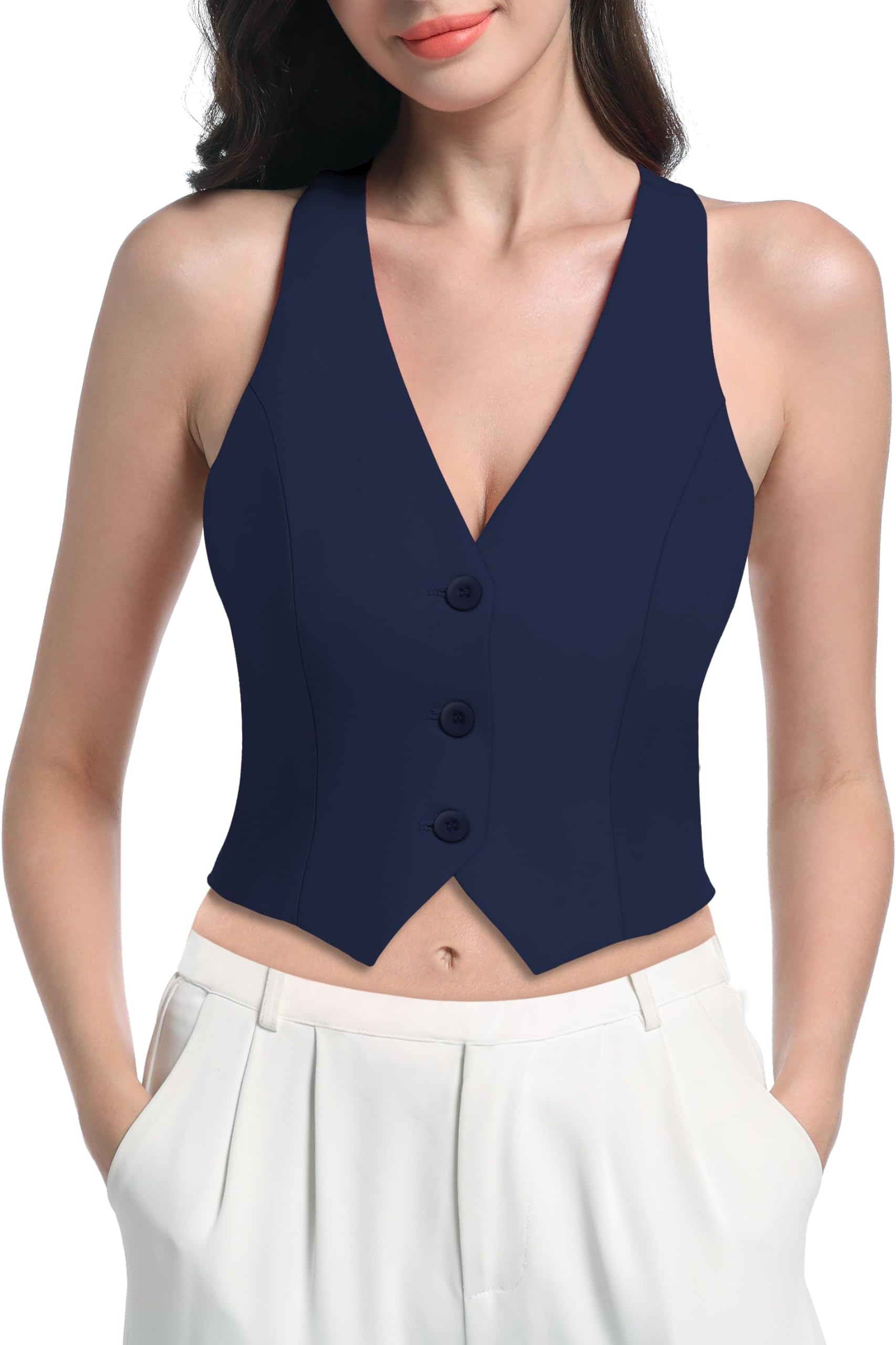 V VOCNI Vest for Women V Neck Sleeveless Racerback Fashion Dressy Crop Top Fitted Suite Vest Waistcoat