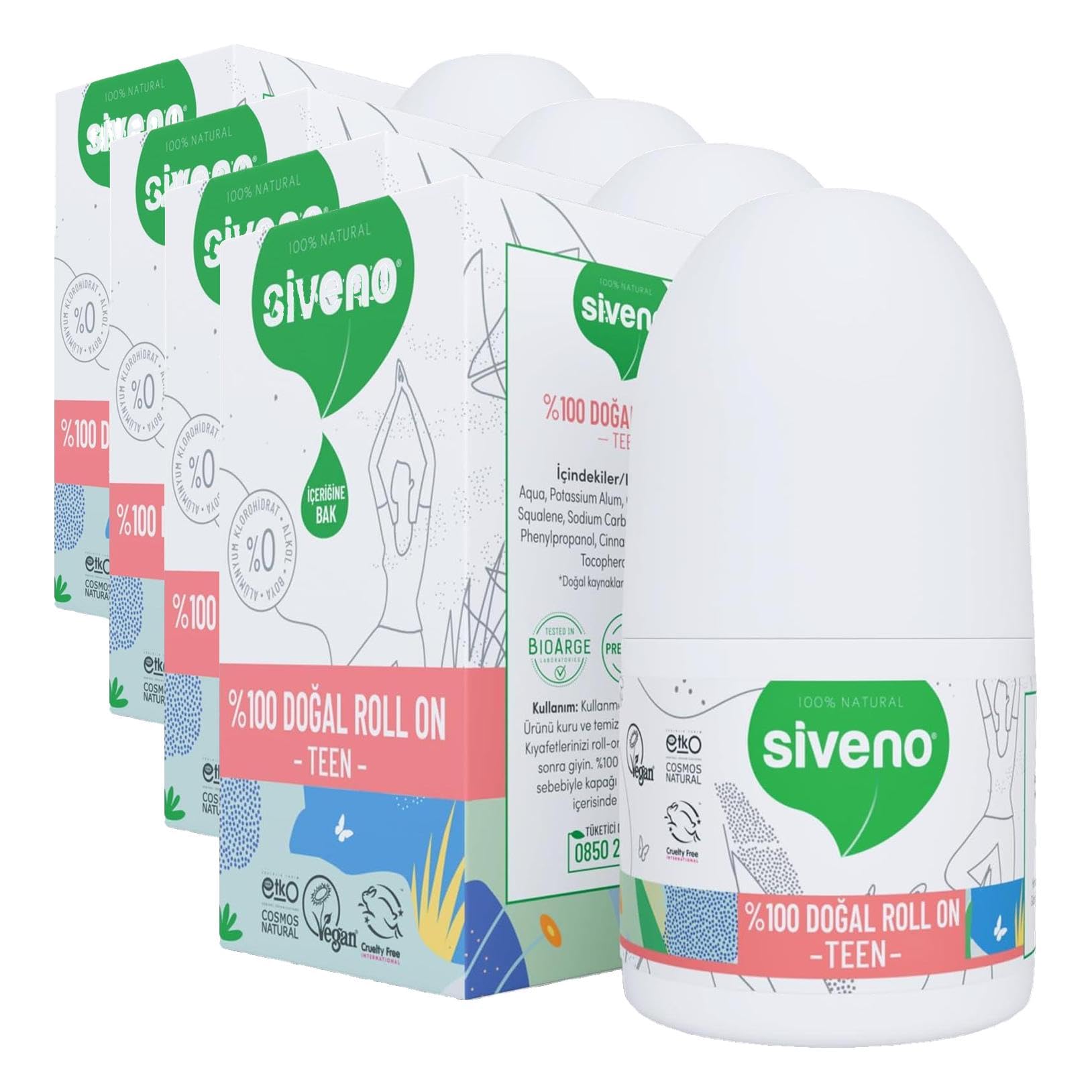 Siveno%100 Doğal Roll-On Teen Girl Genç Kız Deodorant Ter Kokusu Önleyici Bitkisel Lekesiz Vegan 50 ml (4 paketi)