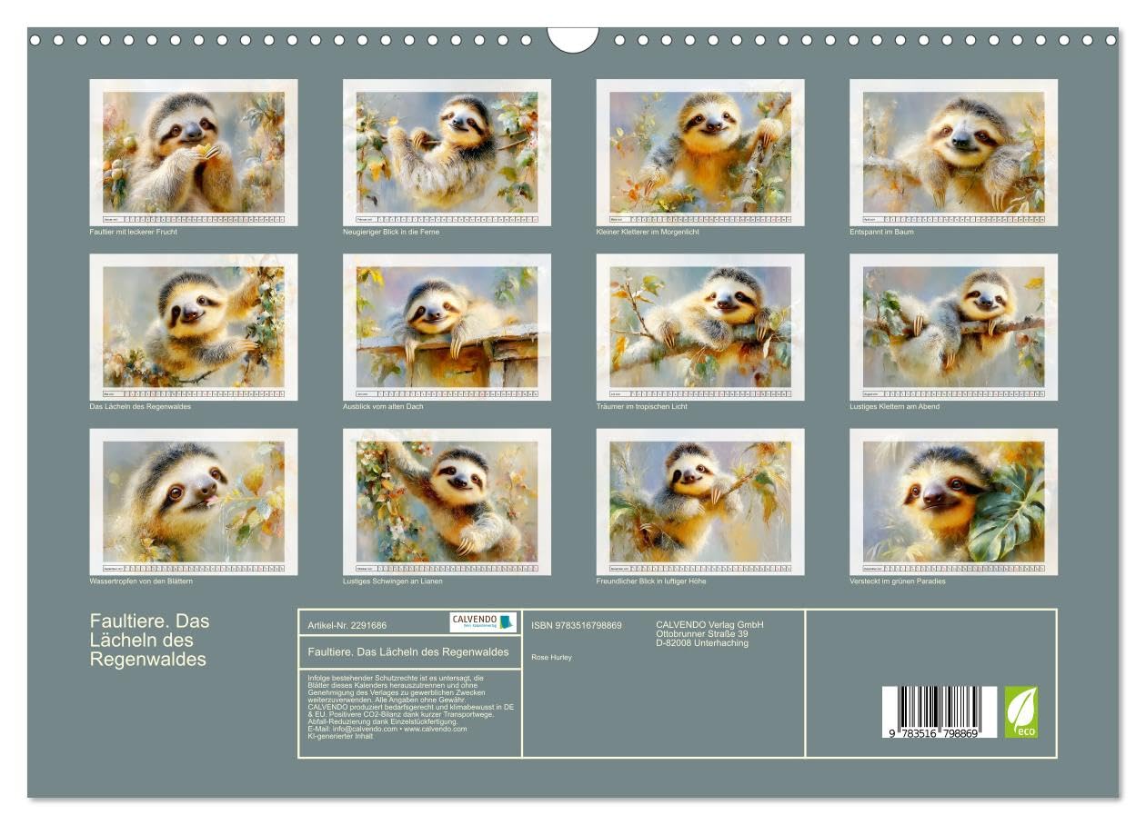 Faultiere. Das Lächeln des Regenwaldes (Wandkalender 2027 DIN A3 quer), CALVENDO Monatskalender: Liebliche Illustrationen von den entspanntesten Tiere des Dschungels (CALVENDO Tiere)