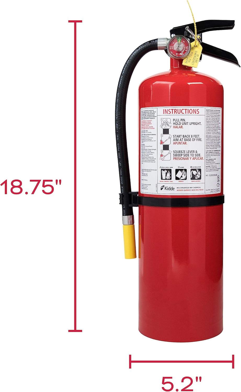 Image showing the dimensions of the fire extinguisher: 18.75 inches height and 5.2 inches width.